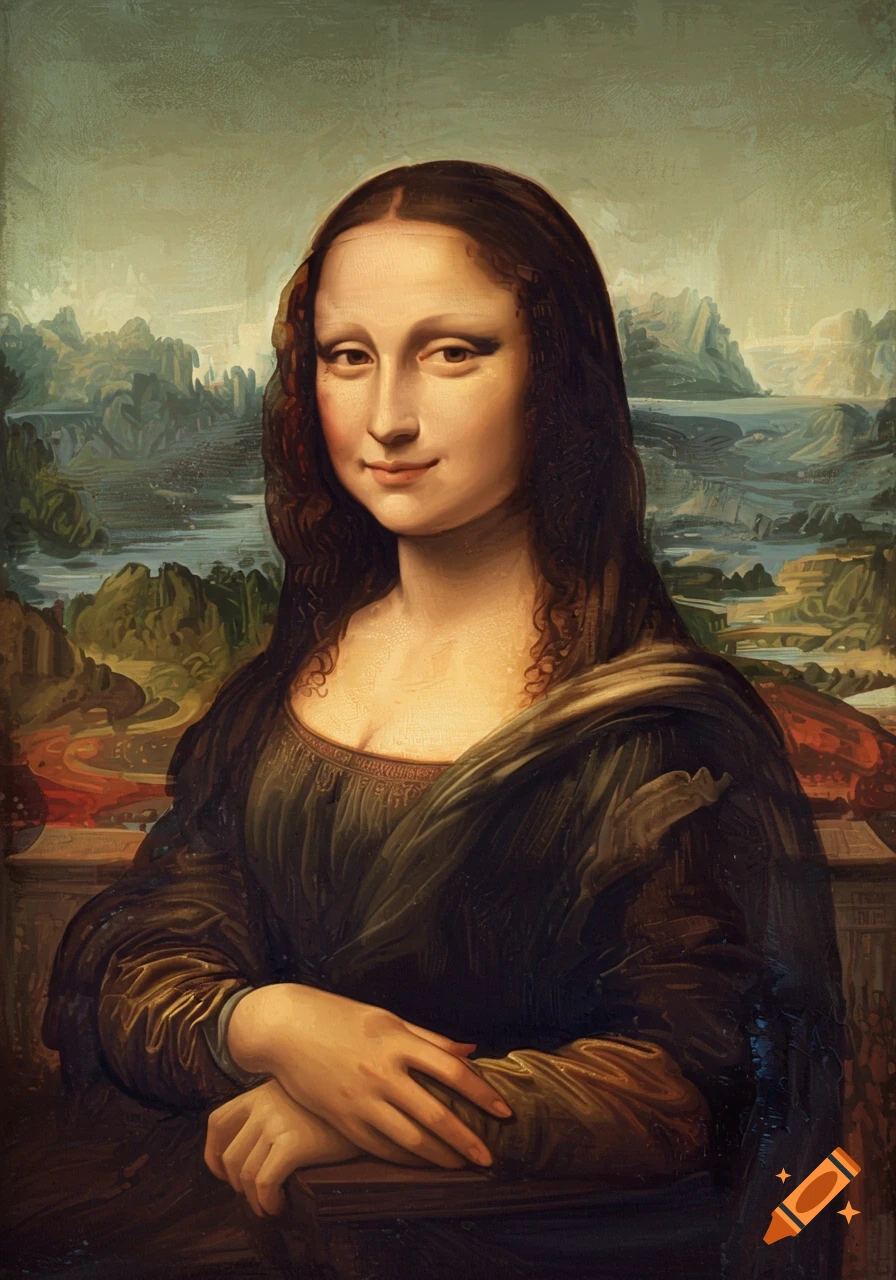 A painting of the Mona Lisa, a woman with a subtle smile, dark hair, and a dark dress, against a landscape background.