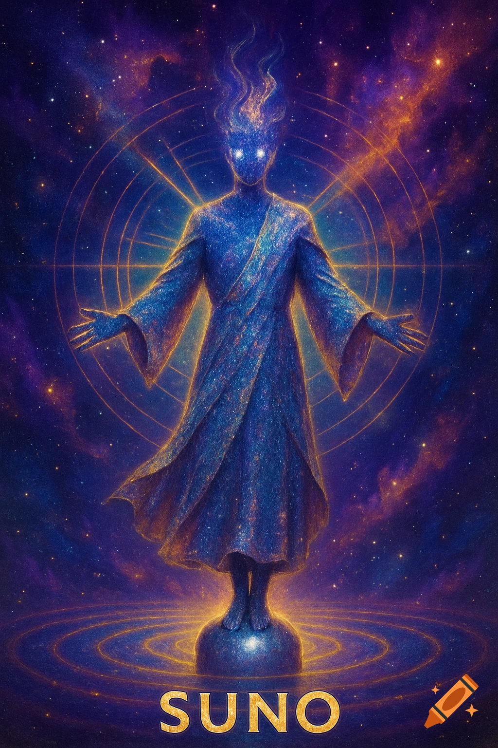 An ethereal blue cosmic figure with glowing eyes and fiery hair stands on a sphere amidst a starry nebula, with geometric golden rings, and the word SUNO below.
