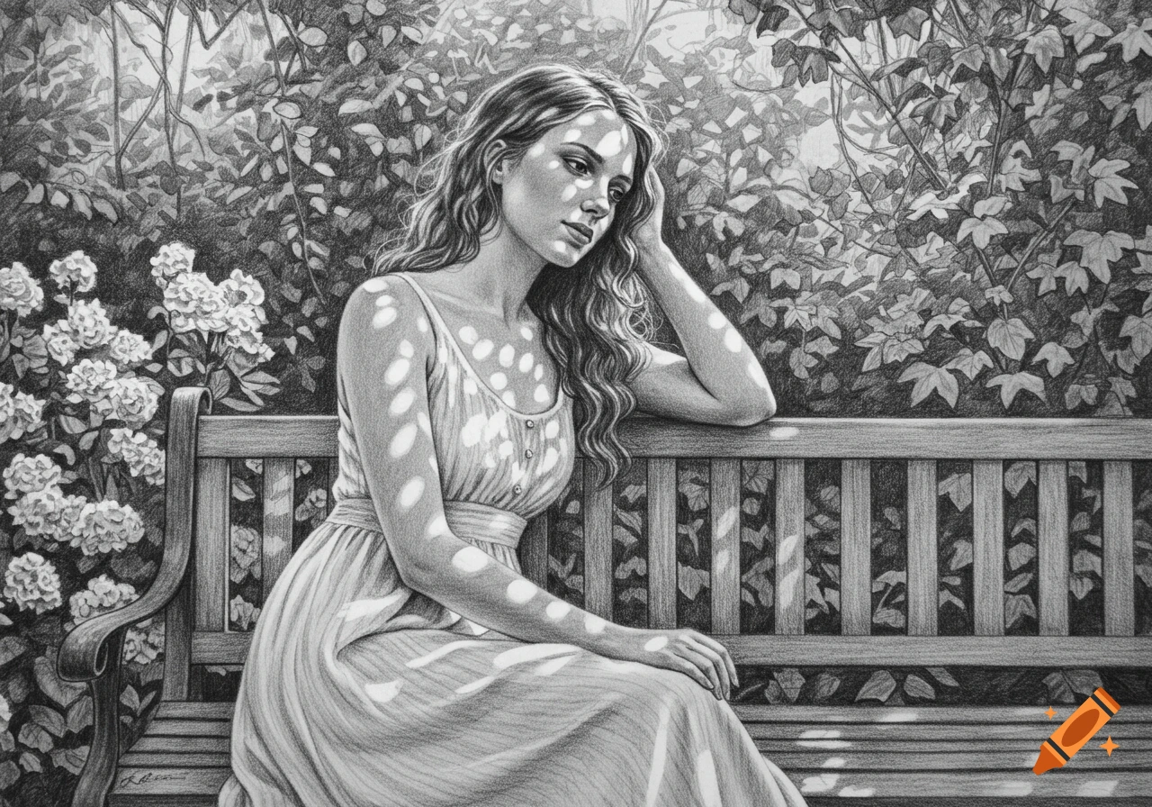 Monochrome pencil drawing of a thoughtful woman with long hair sitting on a garden bench dappled with sunlight.