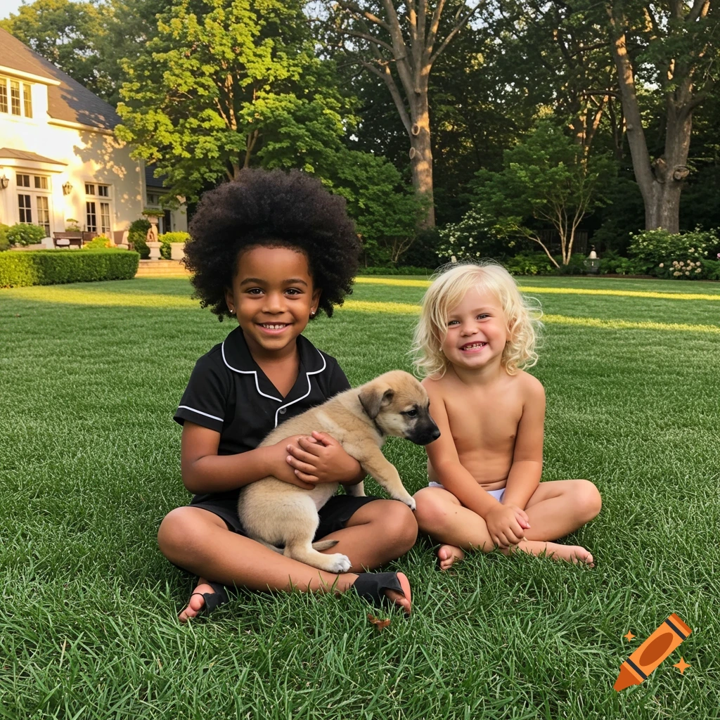 Two smiling children sit on a grassy lawn with a puppy, a large house and trees in the background.