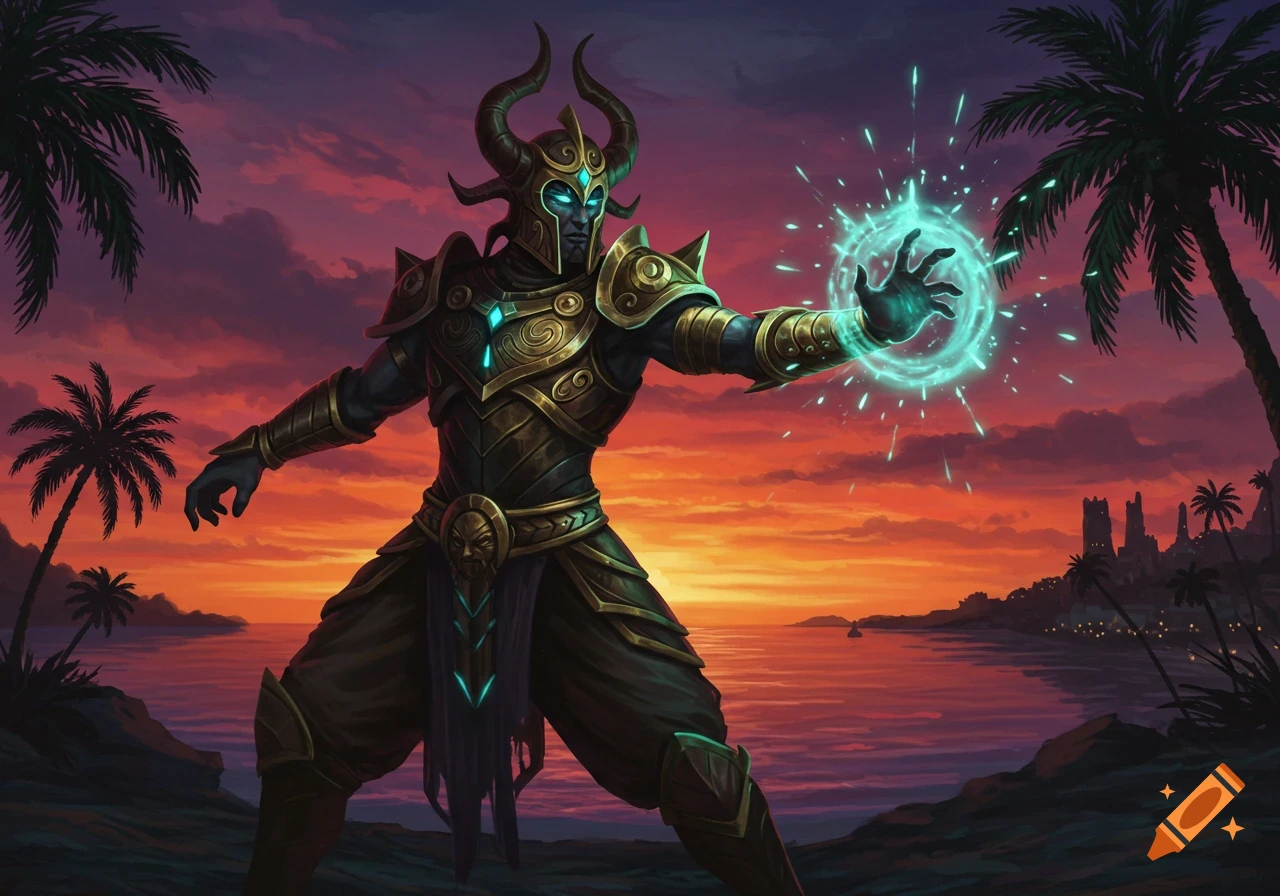 A horned fantasy warrior in ornate golden armor casts glowing blue magic against a vibrant sunset sky with palm trees and a coastal city.