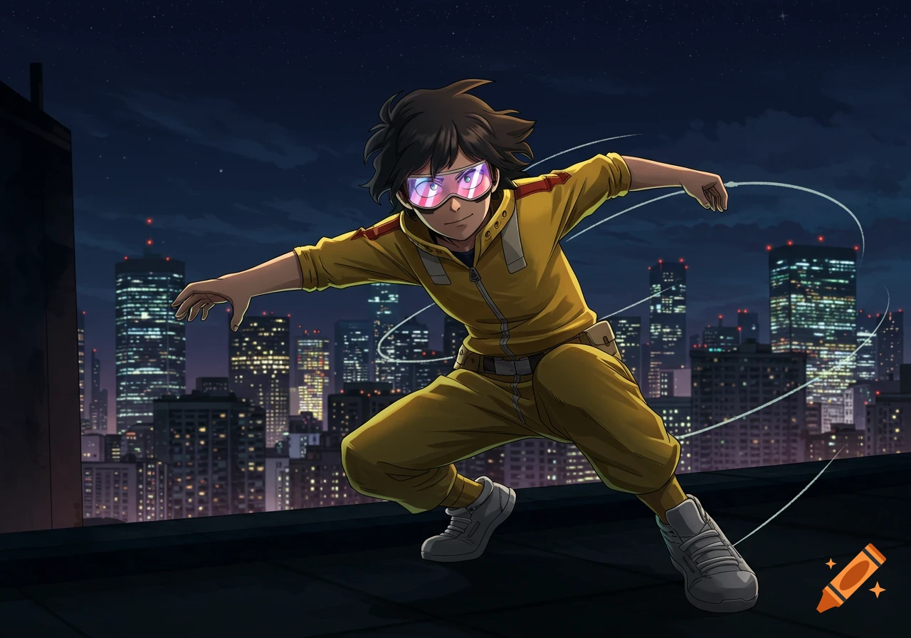 Anime character in a yellow jumpsuit and goggles crouches on a rooftop at night with a city skyline behind them.
