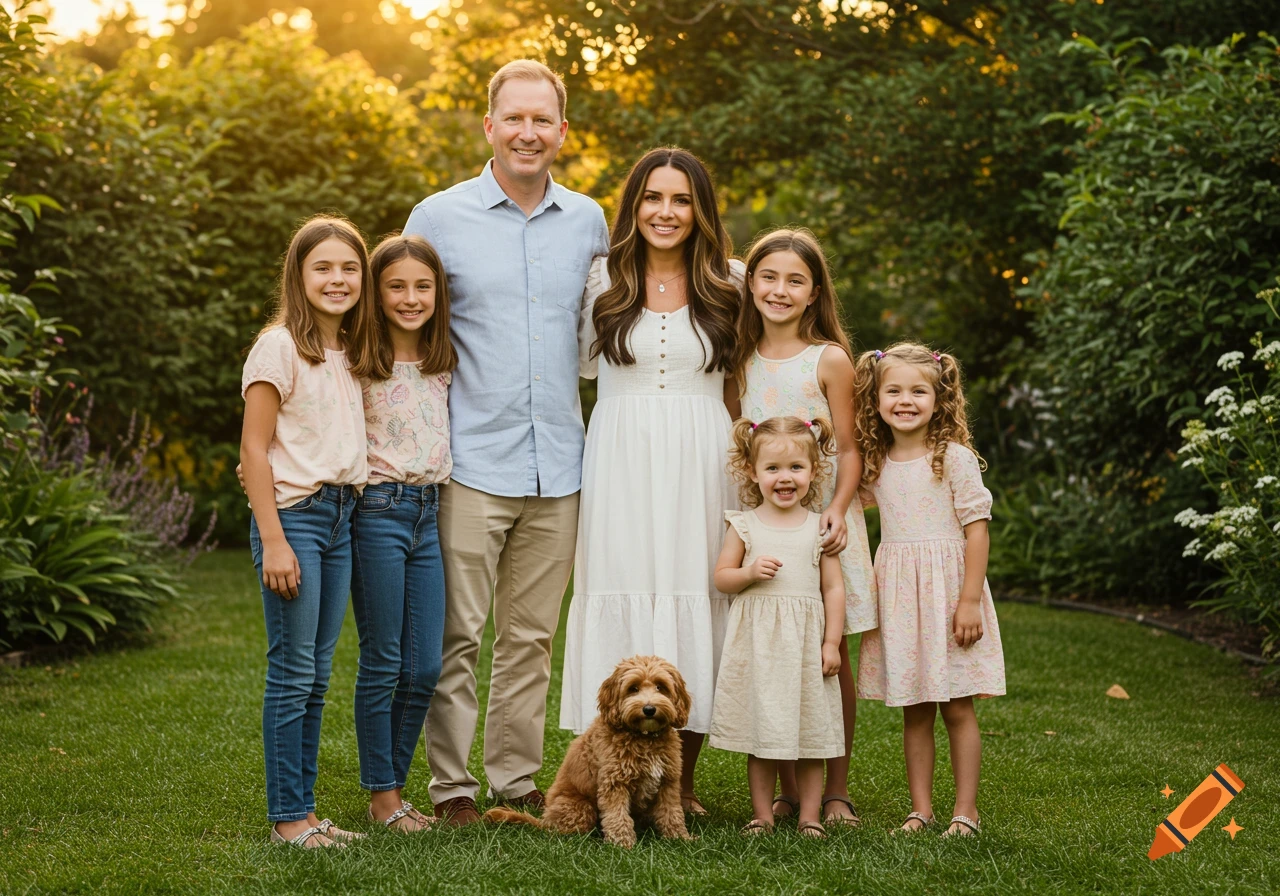 A photorealistic family portrait of a mother, father, four daughters, and a cavapoo dog smiling in a sunlit garden.
