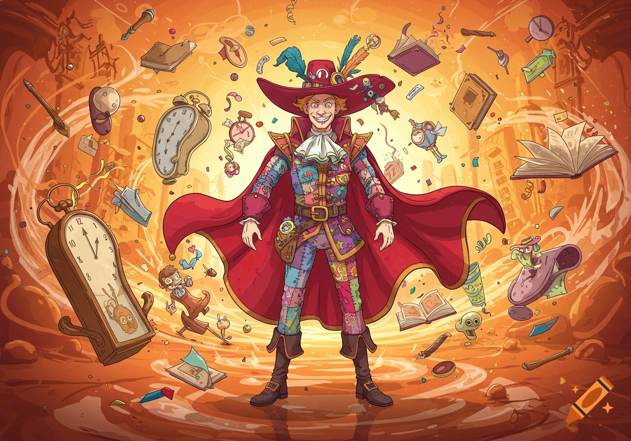 Detailed cartoon illustration of a grinning man in a patched suit and red cape, surrounded by a whirlwind of clocks and objects.