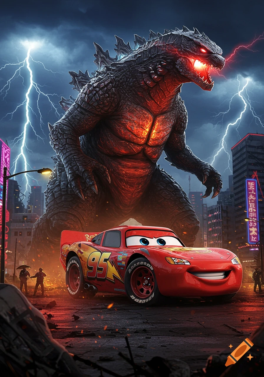 A giant, glowing Godzilla monster stands in a stormy city at night, with red lightning emanating from its mouth. Lightning McQueen is in the foreground, facing the viewer with a slight smile.