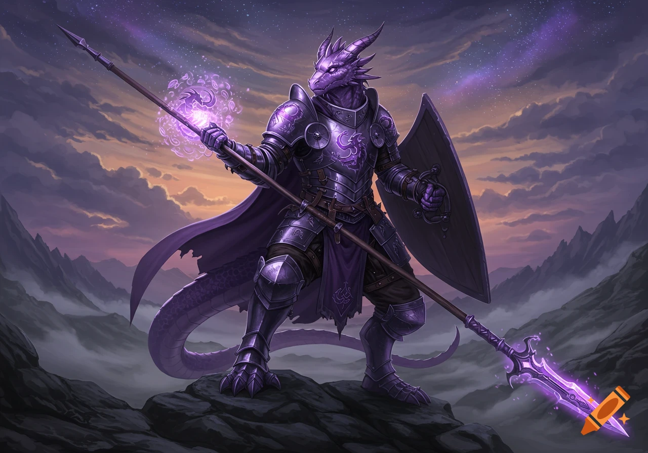 Amethyst dragonborn knight in purple armor, wielding a glowing spear and shield, standing on rocks under a starry twilight sky.