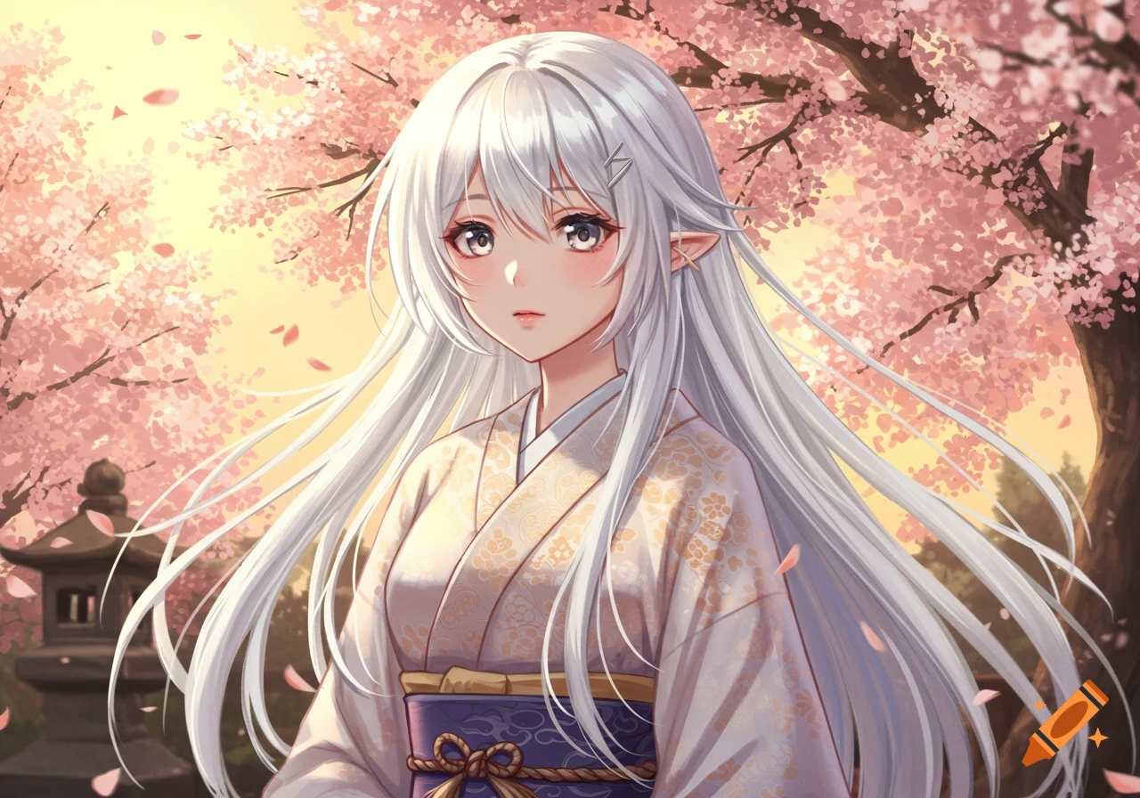 Anime girl with white hair and elf ears in a kimono, standing among pink cherry blossoms at sunset.