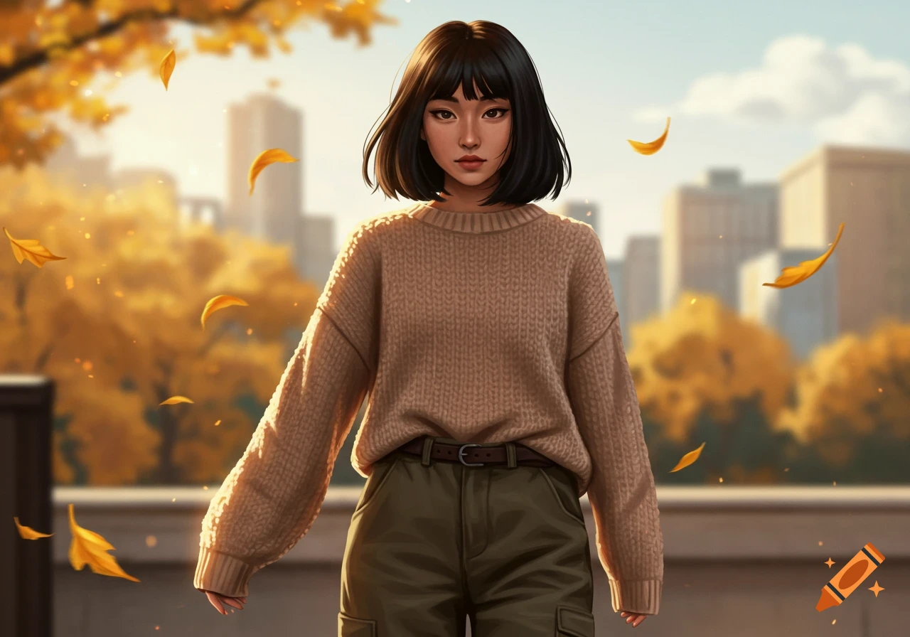 A digitally illustrated woman with a hime haircut, wearing a brown sweater and green cargo pants, stands in an autumn city with falling golden leaves.