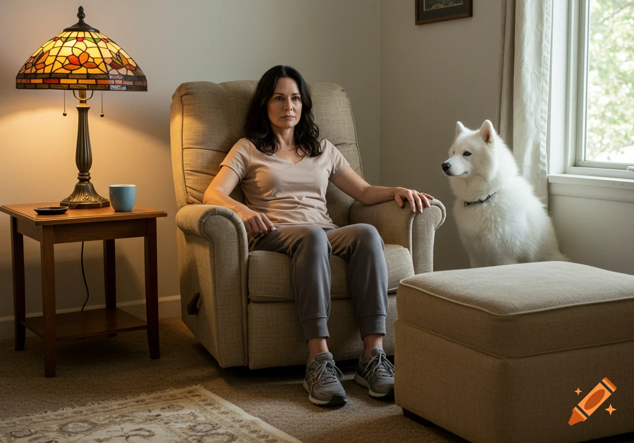 Photorealistic image of a woman sitting in a recliner with a white husky dog next to her in a cozy living room.