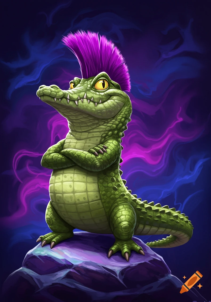 A cartoon green crocodile with a purple mohawk stands on a rock with crossed arms, against a smoky purple and blue background.