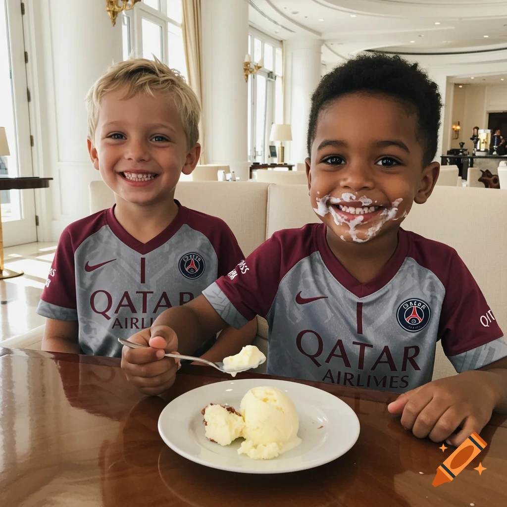 Two young boys in matching uniforms smile while eating ice cream in a restaurant.