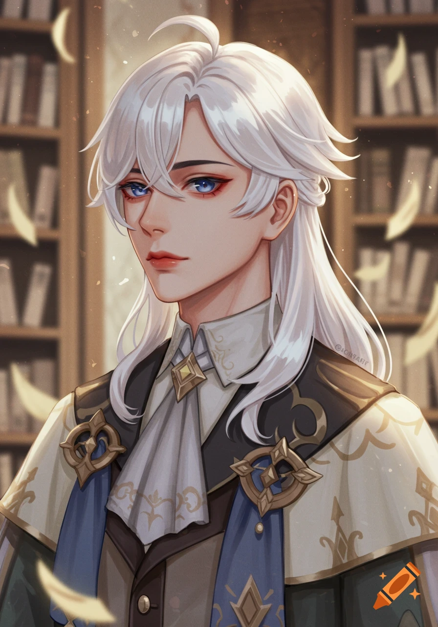 Anime portrait of a man with long white hair and blue eyes, wearing a formal light academia outfit in a library.