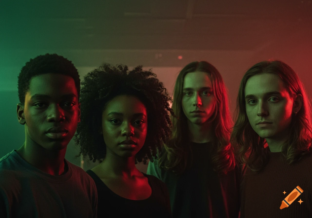 Four young people looking seriously at the camera, bathed in red and green dramatic lighting.