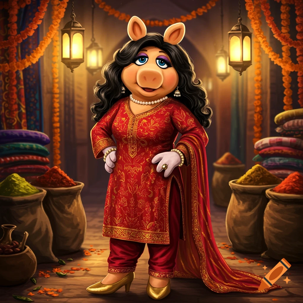 Miss Piggy in a red and gold traditional Pakistani outfit and jewelry, stands in a vibrant market with lanterns and spices.