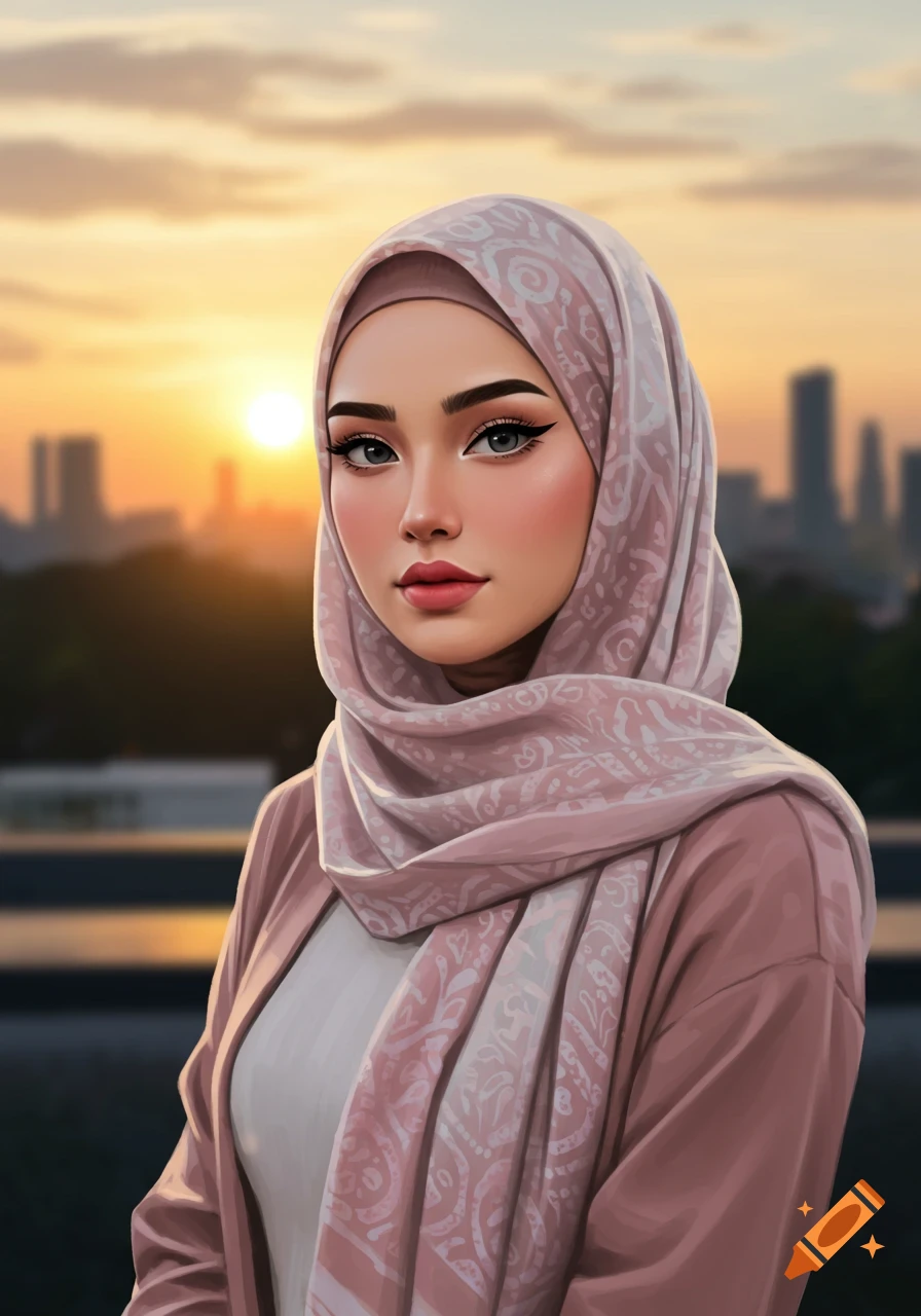 Digital art portrait of a woman in a pink hijab with a city sunset in the background.