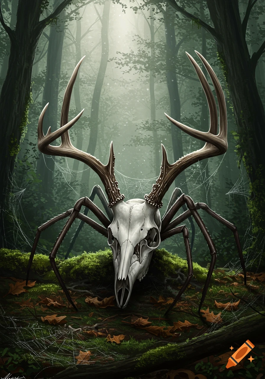 A deer skull with large antlers and eight spider legs sits on moss in a misty, dark forest, surrounded by spider webs. Dark fantasy style.