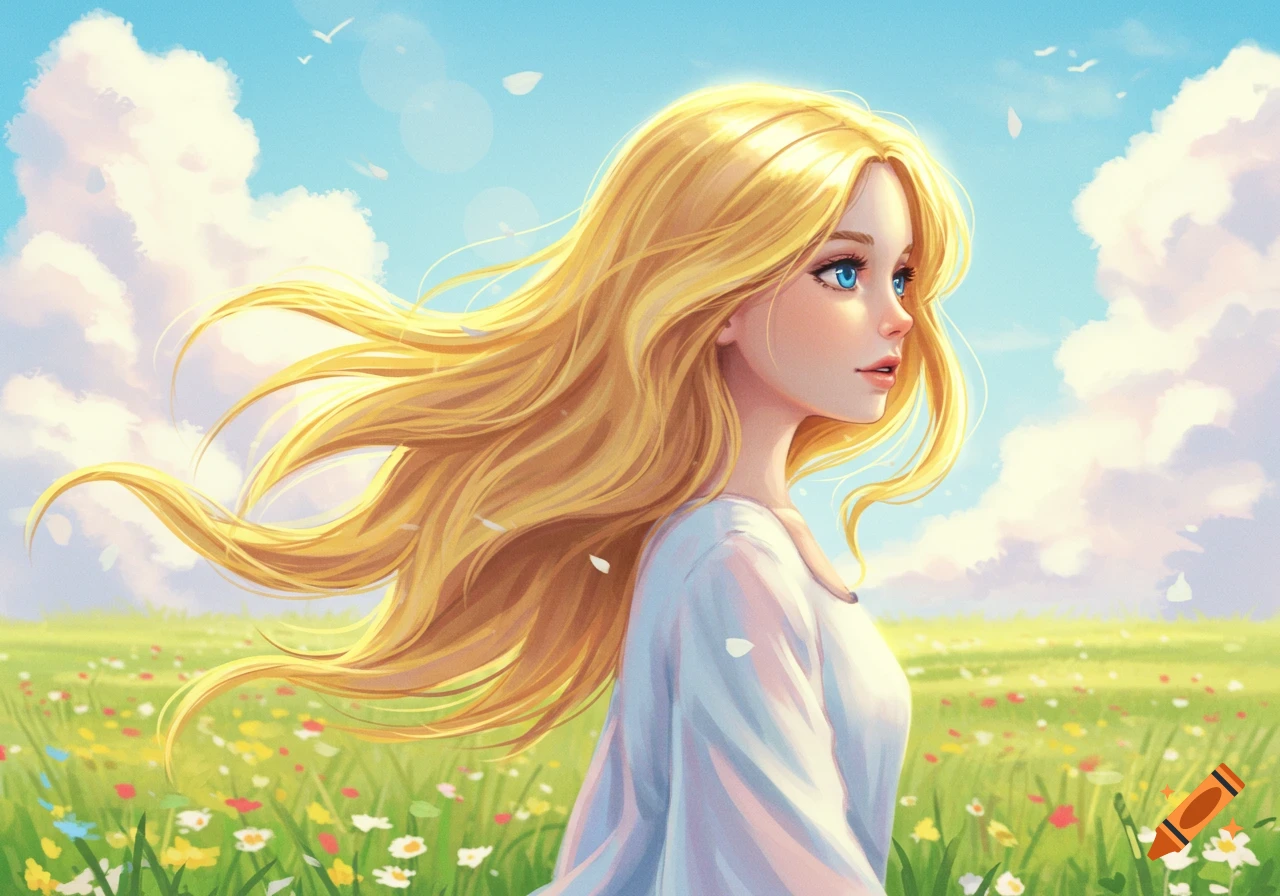 A digital illustration of a blonde girl with flowing hair, looking to the side in a sunny flower field under a blue sky.