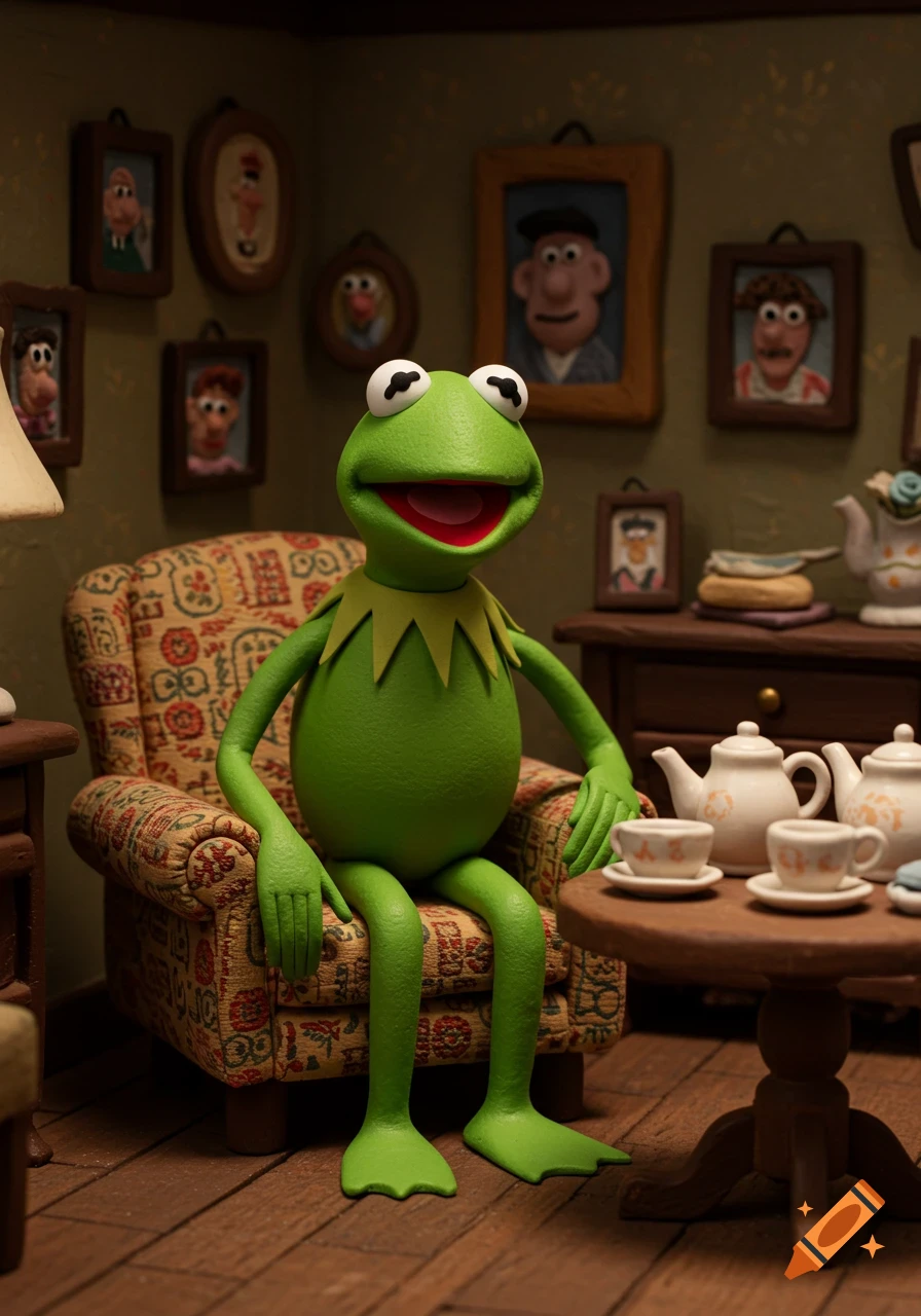 Kermit the Frog in stop-motion style, sitting in a patterned armchair in a cozy room with framed pictures and a tea set.