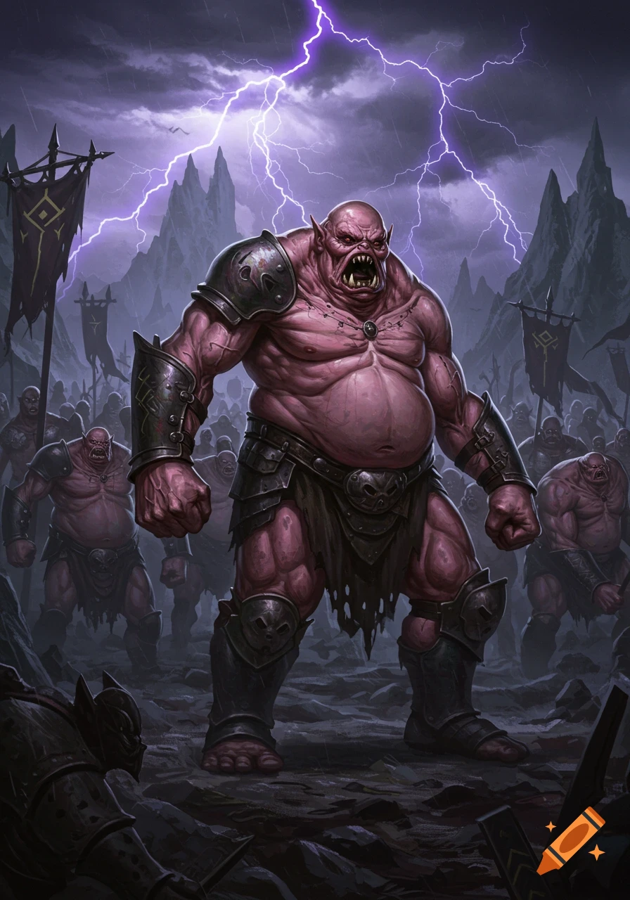 A large, pink, muscular orc-like creature with tusks and armor leads an army under a stormy, purple lightning sky in a dark fantasy style.