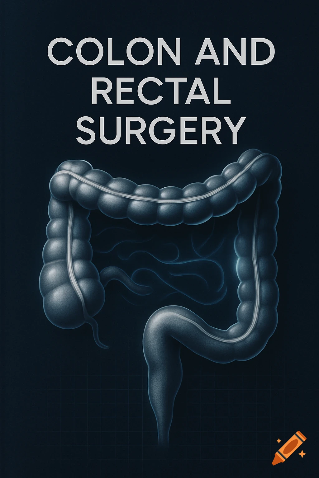 Medical illustration of the human colon and rectum in blue tones on a dark background, with the title "COLON AND RECTAL SURGERY" in white text above it.