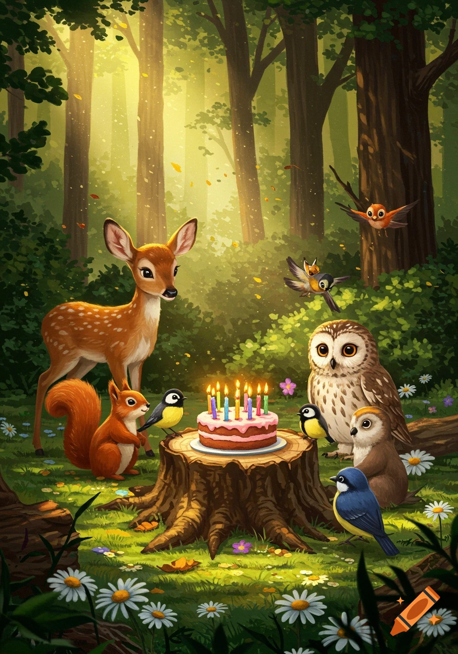 Cartoon forest animals, a deer, squirrel, owl, and birds, celebrate a birthday with a lit cake in a sunny, dappled forest.