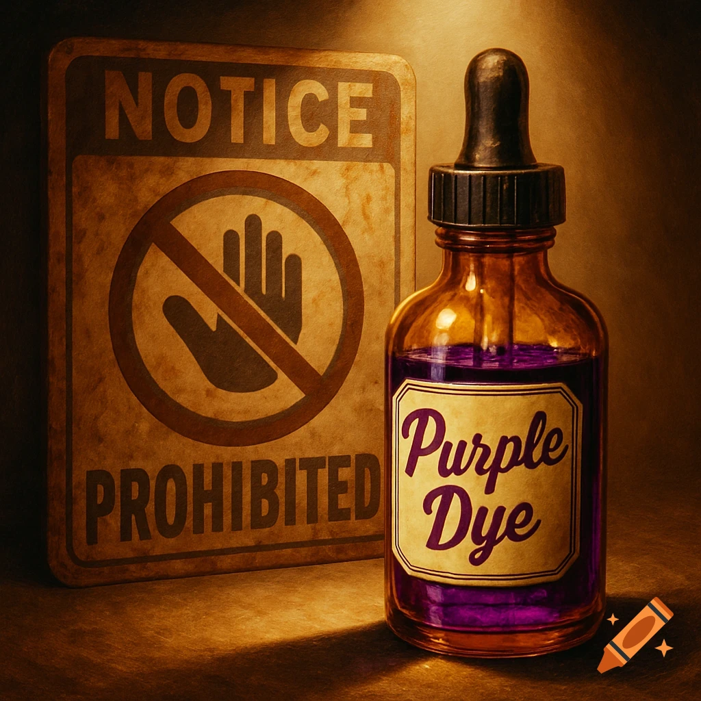 A vintage-style brown sign with 'NOTICE PROHIBITED' and a crossed-out hand, next to a brown dropper bottle labeled 'Purple Dye' with purple liquid.