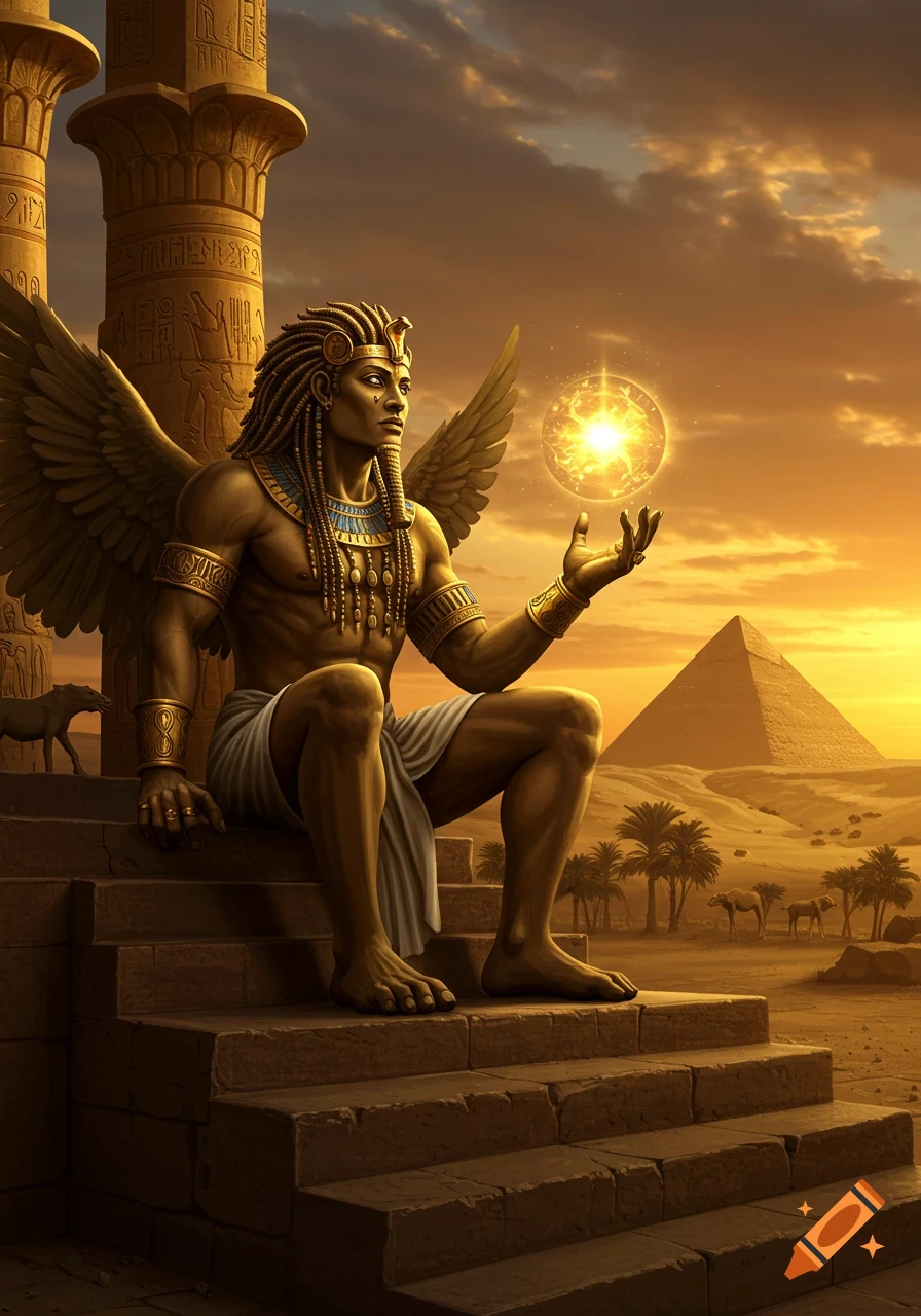 Winged Egyptian-like figure with golden headdress sits on temple steps, holding a glowing orb. Desert landscape with pyramid and palms at sunset.
