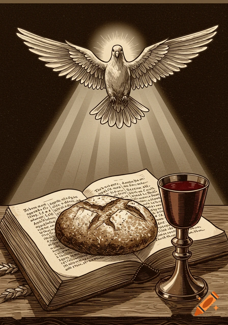 Woodcut style art showing a white dove descending light onto an open bible, a loaf of bread, and a chalice with red wine.