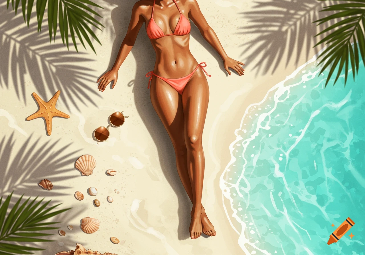 Illustration of a tan woman in a pink bikini sunbathing on a sandy beach with palm shadows, starfish, seashells, and ocean waves.