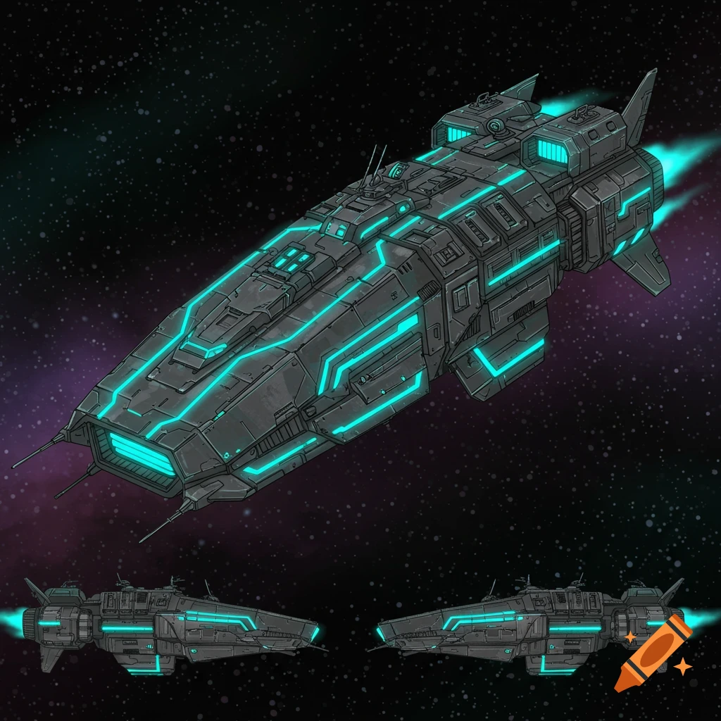 A top-down 2D sprite of a futuristic gray space freighter with bright teal glowing lights and two smaller versions below, against a starry space background.