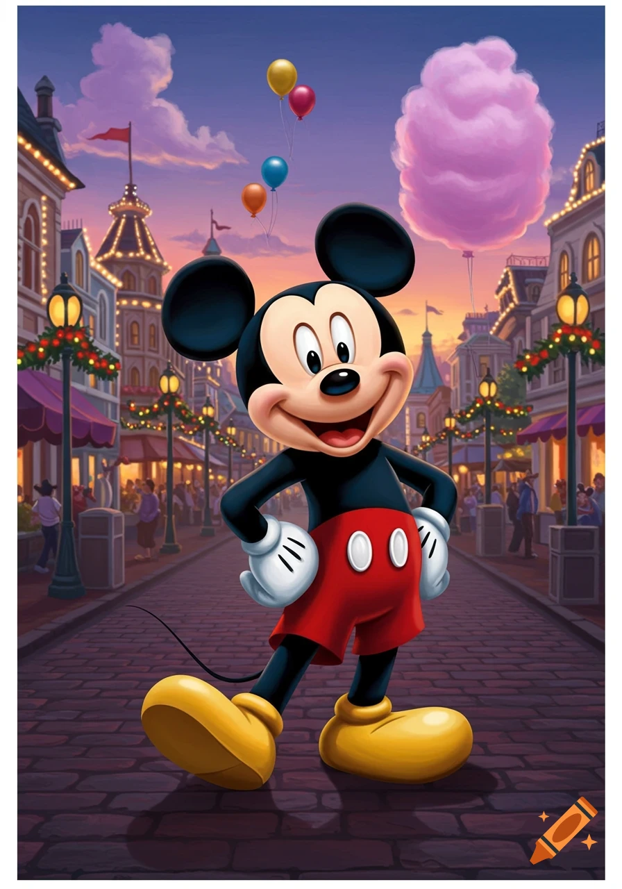 Mickey Mouse smiles broadly on a festive cobblestone street with lit buildings, balloons, and a cotton candy cloud under a sunset sky.