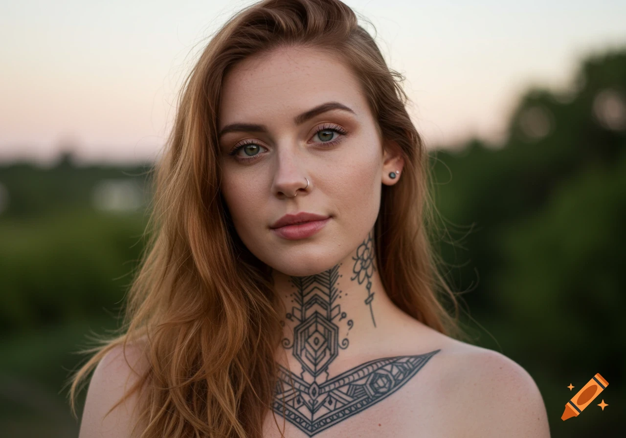 A close-up photorealistic portrait of a woman with long red hair and intricate tattoos on her neck and chest.