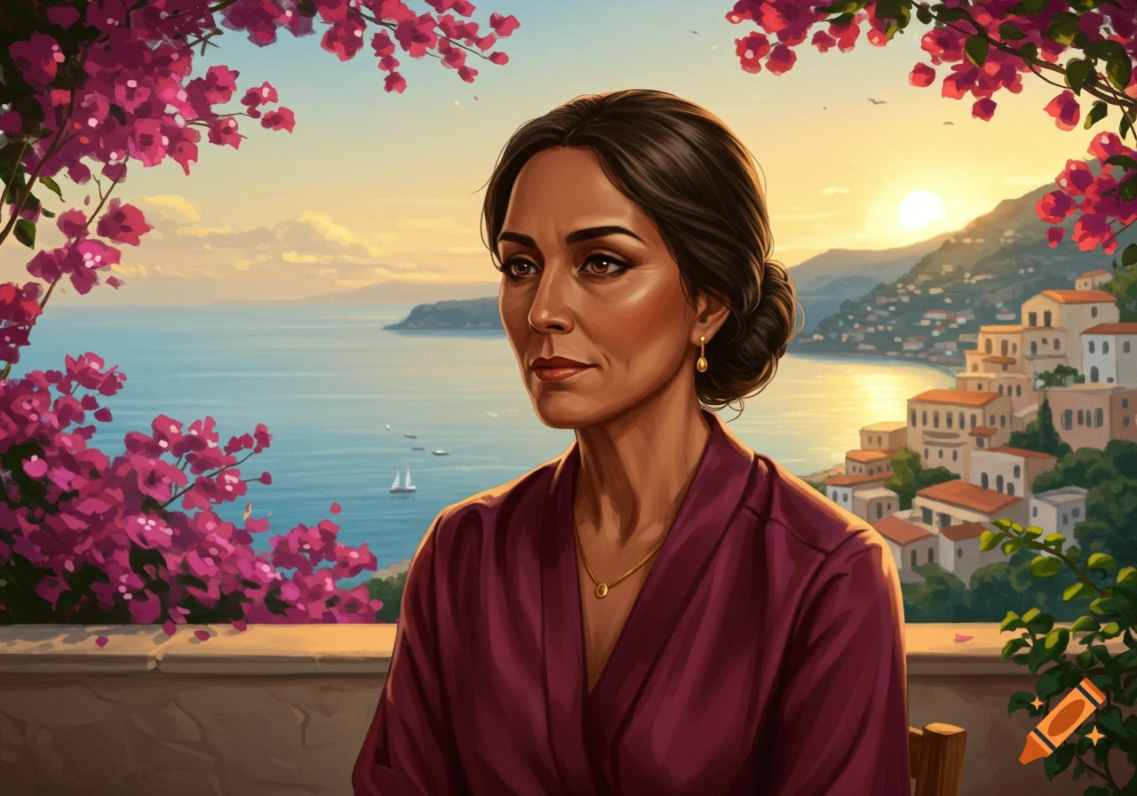 An illustration of a woman on a bougainvillea-covered balcony overlooking a Mediterranean coastal town at sunset.