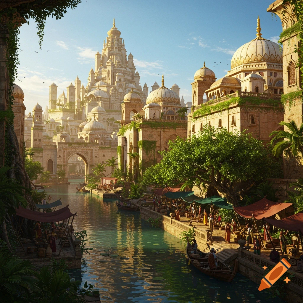 Cinematic fantasy art of a lush ancient tropical city with canals, markets, and grand Middle Eastern and Hindu-style architecture at golden hour.