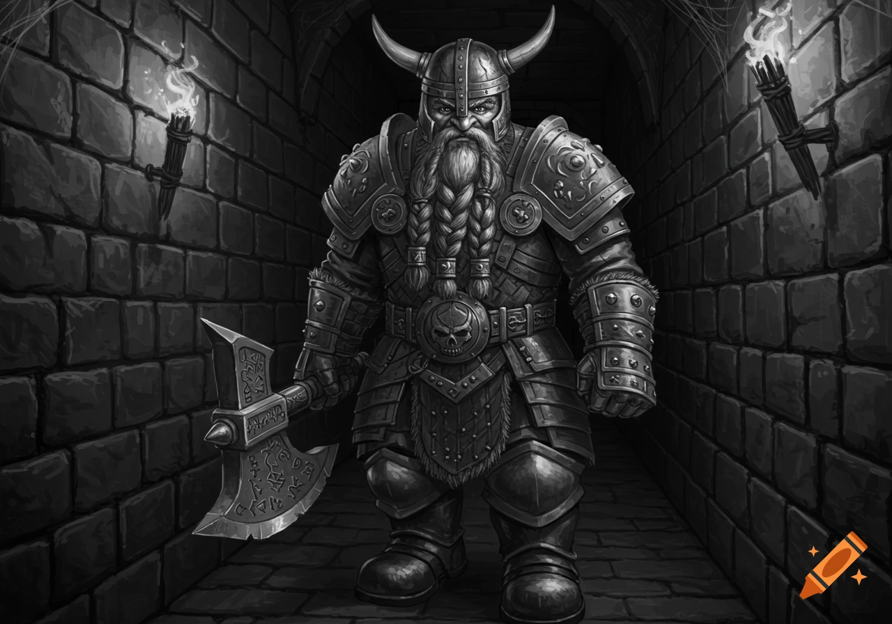 A black and white fantasy illustration of a dwarf warrior in horned armor holding an axe in a dungeon.