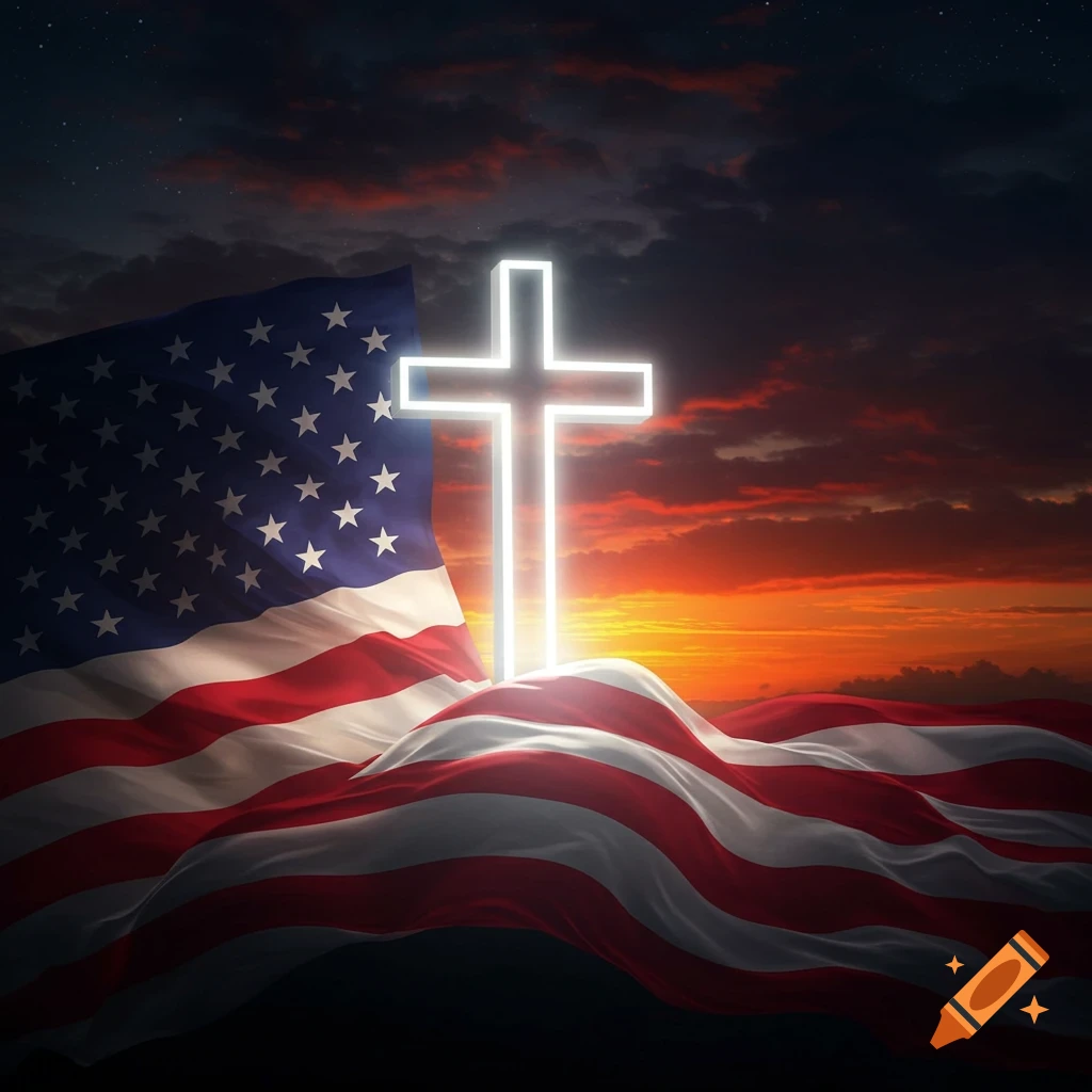 A bright glowing cross stands on a waving American flag against a vivid sunset sky.