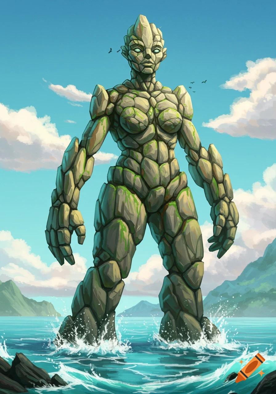 A colossal female rock monster, covered in moss, stands in the ocean with mountains and a cloudy sky in the background.