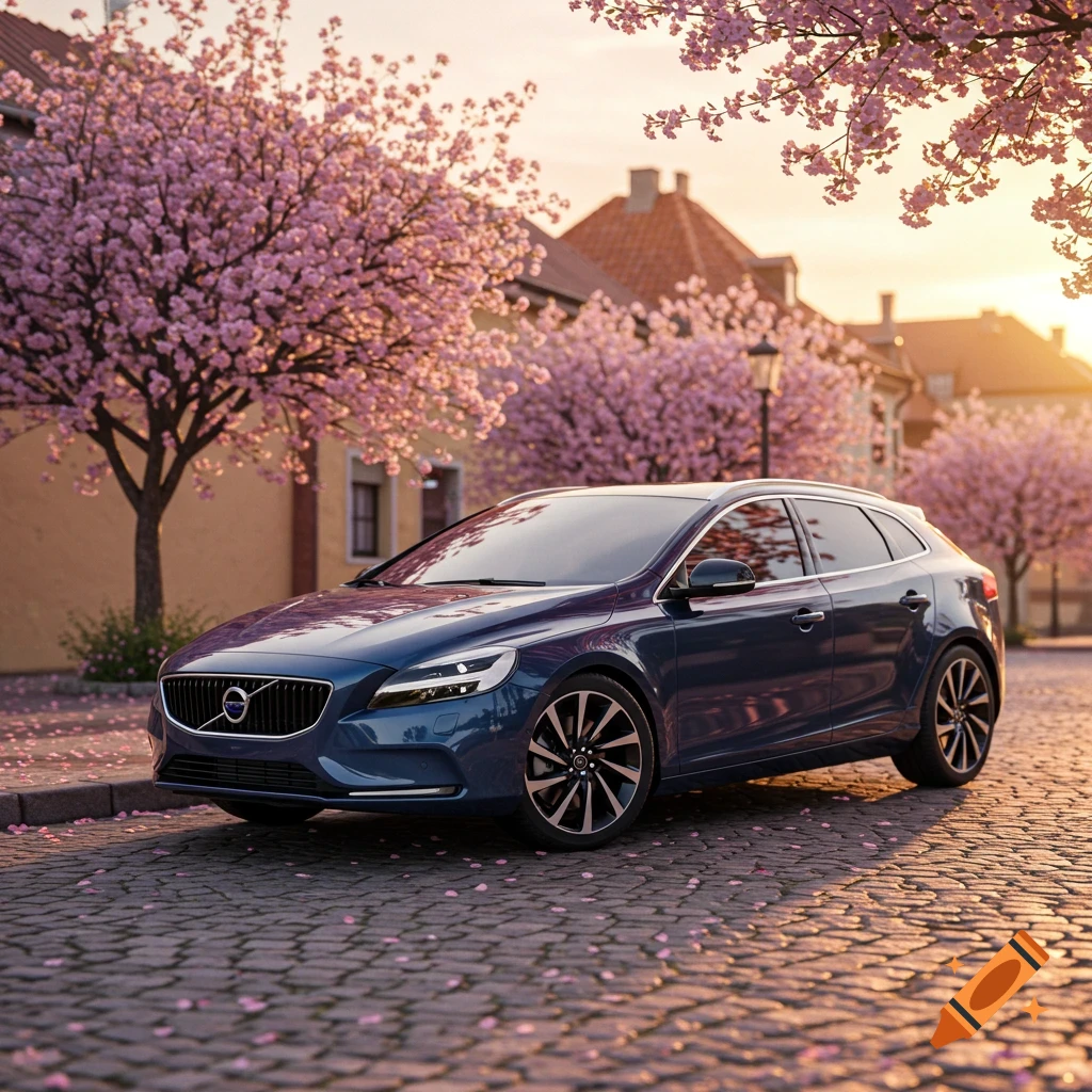 A dark blue Volvo V40 car parked on a cobblestone street lined with blooming pink cherry blossom trees at sunset.