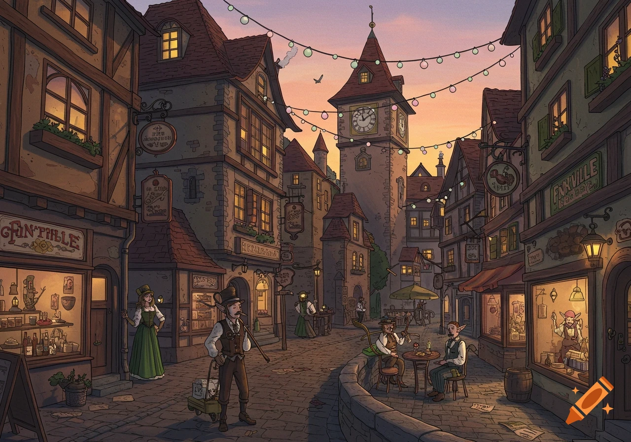 A charming, cartoon-style village street at sunset, with old European-style buildings, a clock tower, and various characters.