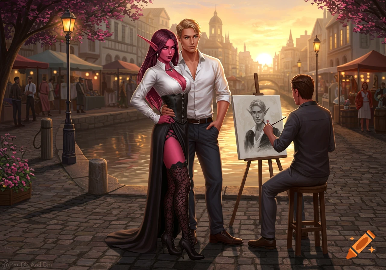 A pink-skinned elf woman and human man pose for a portrait by a street artist on a cobblestone canal-side street at sunset.