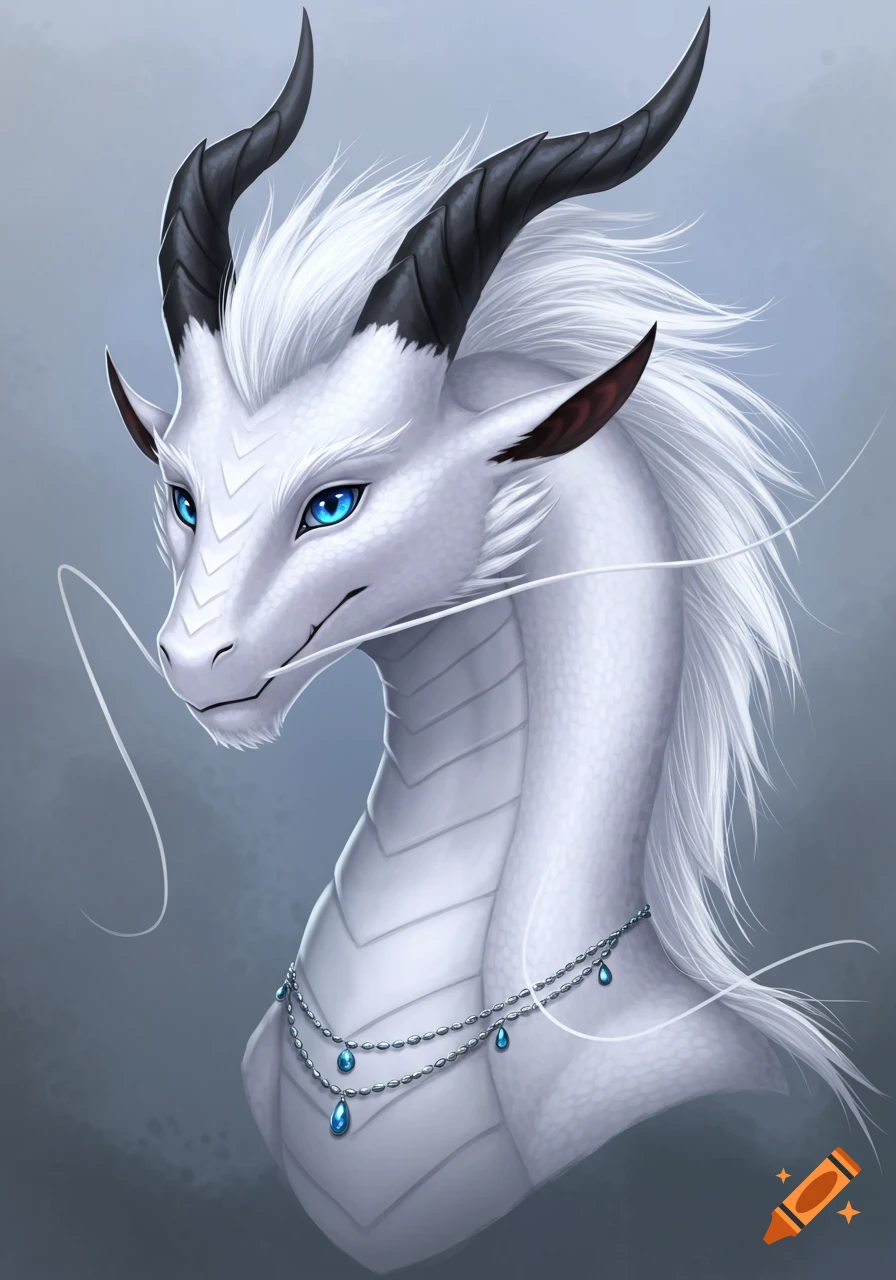 Portrait of a white dragon with blue eyes, black horns, a white mane, and a necklace with blue gems.