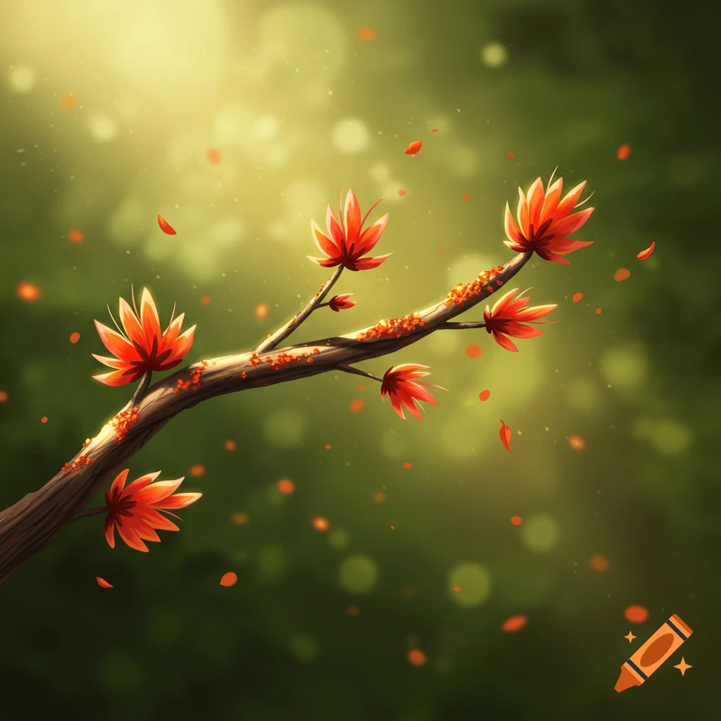 Stylized image of a brown branch with bright red and orange leaves and falling petals against a blurred green background with sunlight.