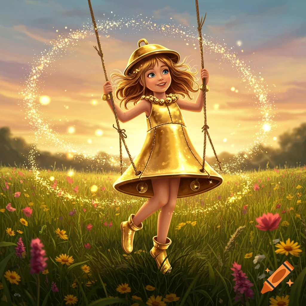 Whimsical illustration of a girl in a golden bell costume swinging in a sparkling, sunny meadow filled with colorful flowers.