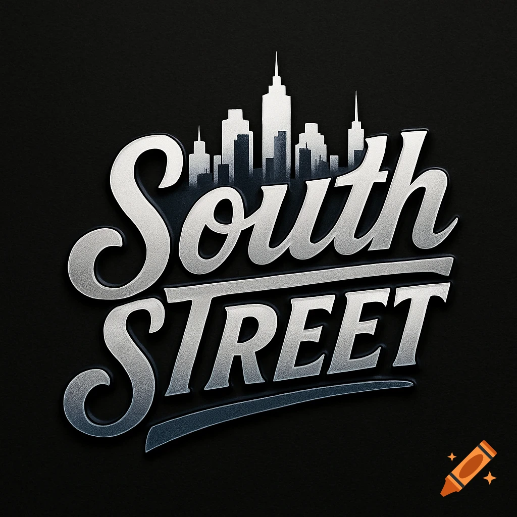 Silver metallic logo for "South Street" in a script font, with a dark cityscape silhouette above on a black background.