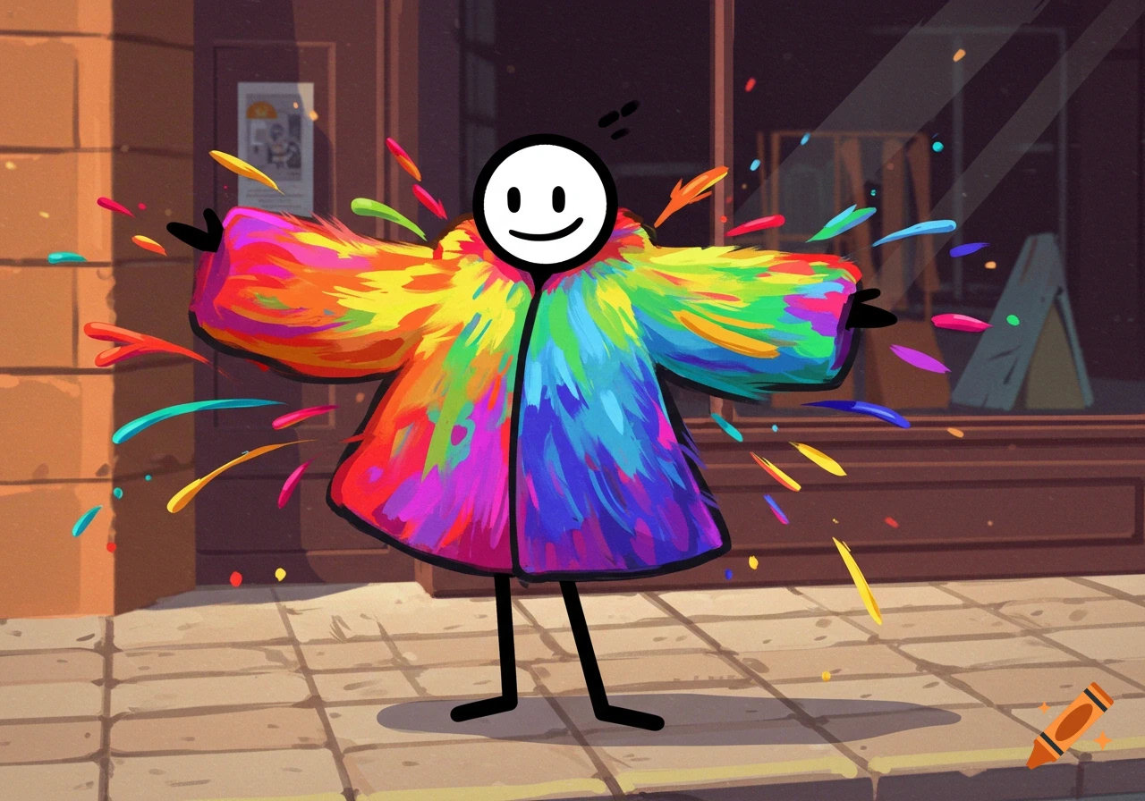 A cartoon stick figure wears a vibrant, multicolored fur coat, standing on a sidewalk in front of a building.