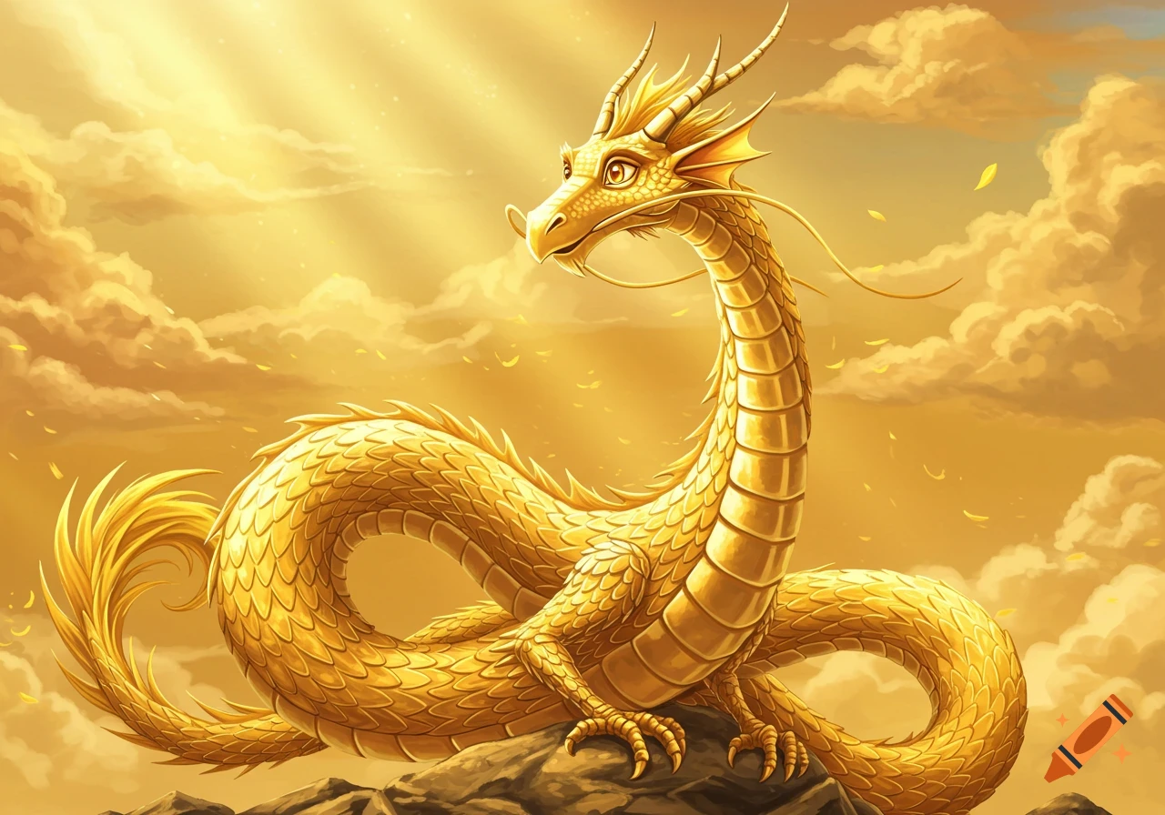 A majestic golden dragon with scales and horns, coiled on rocks under a radiant golden sky with clouds and falling petals.