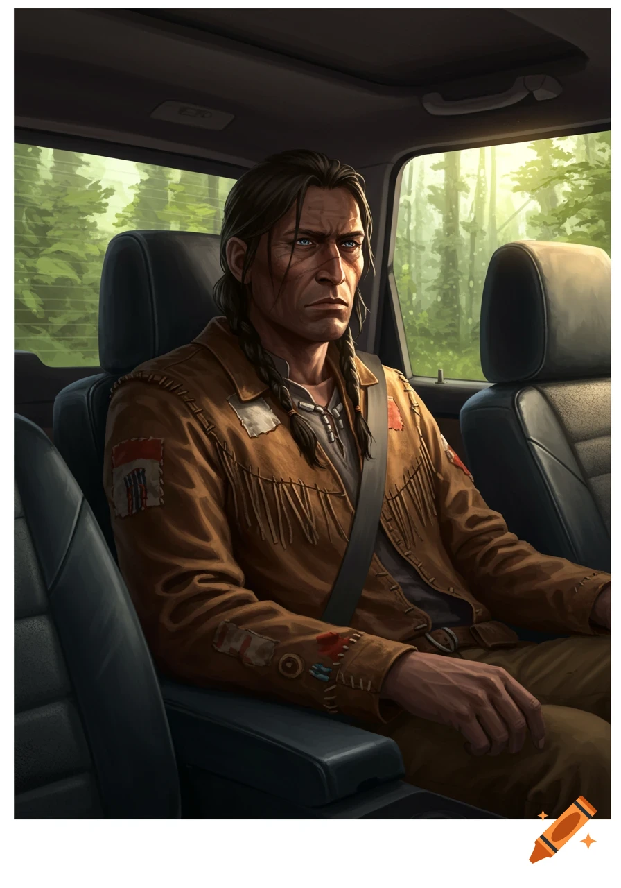 A man with long dark hair in braids, wearing a buckskin jacket, sits in the back of a modern SUV. Digital illustration.