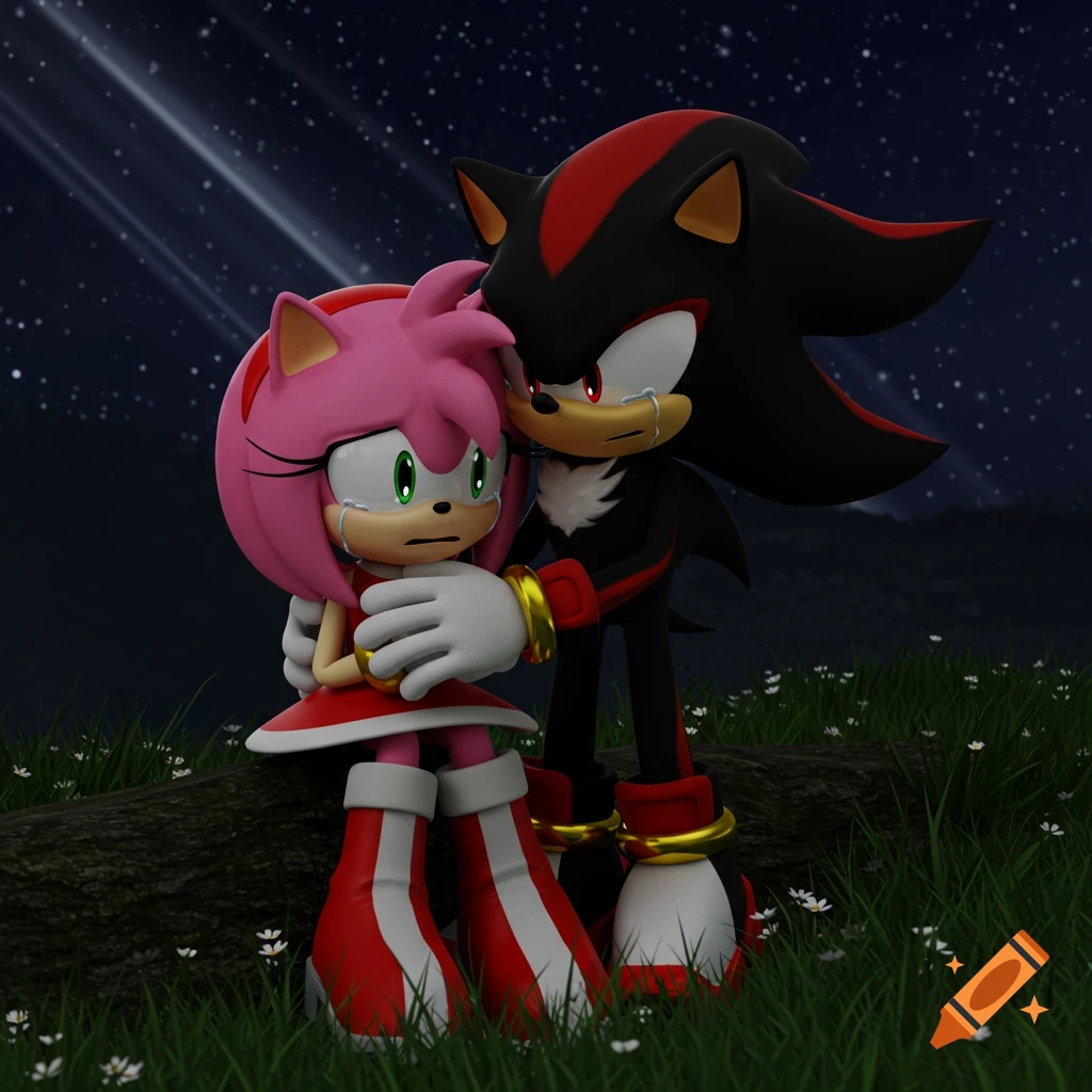 3D animated Amy Rose cries as Shadow the Hedgehog comforts her under a starry night sky.