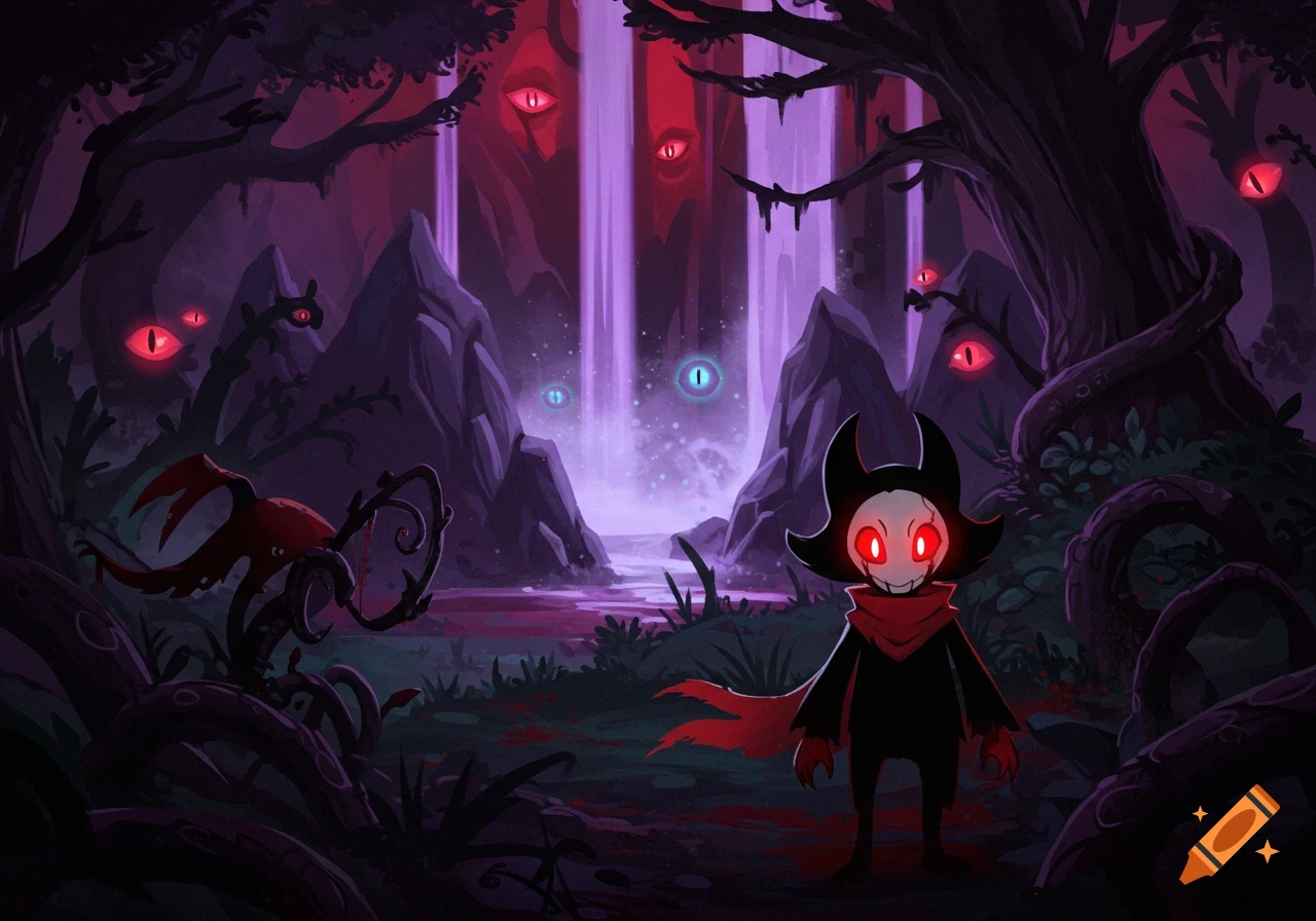 Stylized dark fantasy art: a small, horned character with glowing red eyes and a red scarf in a mysterious purple forest with many glowing eyes and a waterfall.