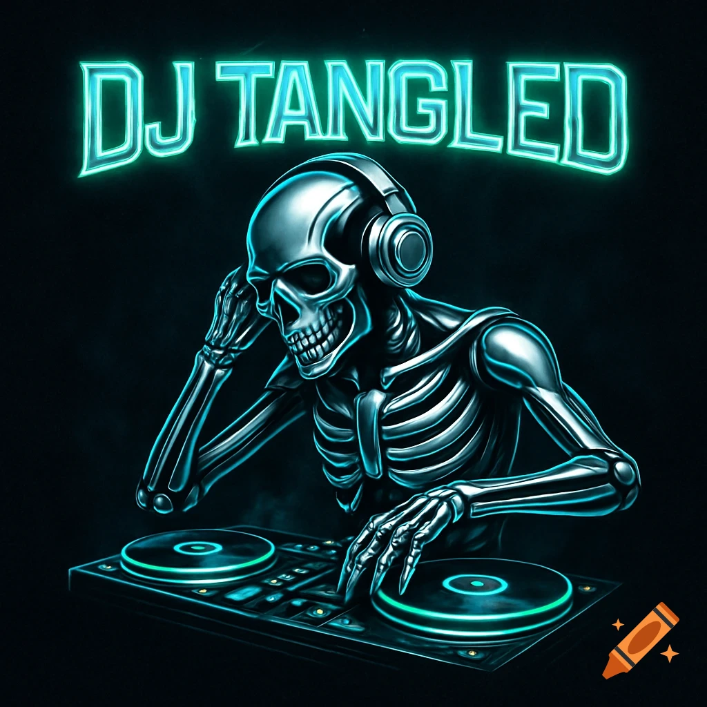 A stylized skeleton wearing headphones, operating a DJ mixer, with neon text 'DJ TANGLED' above, on a dark background.